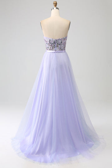 Lavanda A Line Tulle Corsetto Abito Da Ballo Con Spacco